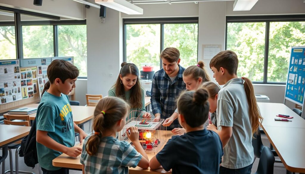 A bustling classroom where students engage in hands-on, project-based learning. In the foreground, a group of young learners collaborates on a scaled-down prototype, their faces alight with concentration. Posters and displays on the walls showcase their innovative designs. In the middle ground, an instructor guides them, offering feedback and encouragement. The classroom is filled with natural light, streaming in through large windows that overlook a lush, verdant courtyard. The atmosphere is one of creativity, curiosity, and a sense of purpose, as the students apply their knowledge to solve real-world challenges.