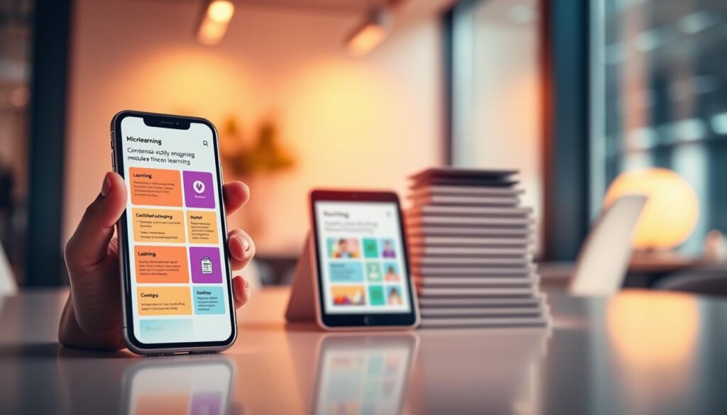 A crisp, vibrant microlearning scene with a sleek, minimalist design. In the foreground, a smartphone screen displays a series of concise, visually engaging learning modules on a clean, uncluttered interface. The middle ground features a stack of neatly arranged tablets, each showcasing bite-sized educational content. The background is a softly blurred, modern office setting, conveying a sense of productivity and efficiency. Warm, directional lighting highlights the devices, creating depth and emphasizing the compact, accessible nature of the microlearning experience. The overall mood is one of clarity, focus, and the empowerment of learning on-the-go.