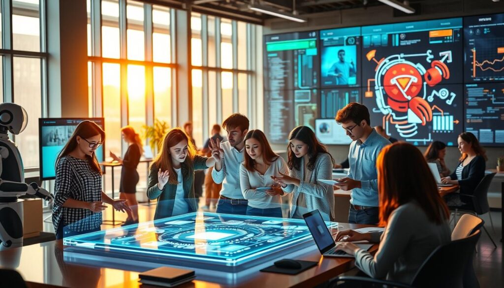 A dynamic scene showcasing the skills needed for the future workplace in 2025. Set in a sleek, modern office, the image depicts a diverse group of young professionals engaged in collaborative tasks. In the foreground, a team brainstorms around a holographic display, gesturing animatedly as they ideate. In the middle ground, individuals work independently on laptops, immersed in data analysis and coding. The background features state-of-the-art technologies, such as robotic assistants and large-scale interactive screens, all bathed in warm, natural lighting that filters in through floor-to-ceiling windows. The overall atmosphere conveys a sense of innovation, adaptability, and the digital-savvy skills required to thrive in the fast-paced work environment of the future.