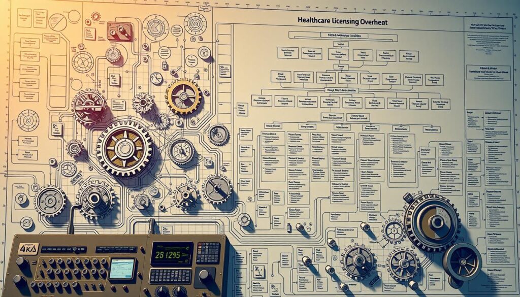 A meticulously detailed blueprint of the healthcare licensing oversight mechanism, illuminated by warm, directional lighting from the top-right, casting crisp shadows that reveal the complex interconnected gears, levers, and gauges that monitor the regulatory compliance of medical facilities. The foreground showcases the central control panel with various input/output displays, while the middle ground depicts the intricate web of data flows and approval processes. In the background, an expansive organizational chart illustrates the hierarchical structure and lines of authority overseeing the comprehensive healthcare licensing system. The overall impression conveys a sense of precision, transparency, and rigorous governance.