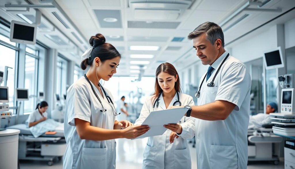 A modern, well-equipped hospital interior with state-of-the-art medical equipment and facilities. In the foreground, a team of healthcare professionals, dressed in clean white uniforms, consulting over a patient's chart. In the middle ground, patients receiving attentive care from nurses and doctors. The background showcases bright, airy spaces with natural lighting filtering through large windows, conveying a sense of comfort and efficiency. The overall scene radiates a atmosphere of professionalism, innovation, and a strong commitment to delivering high-quality healthcare services.