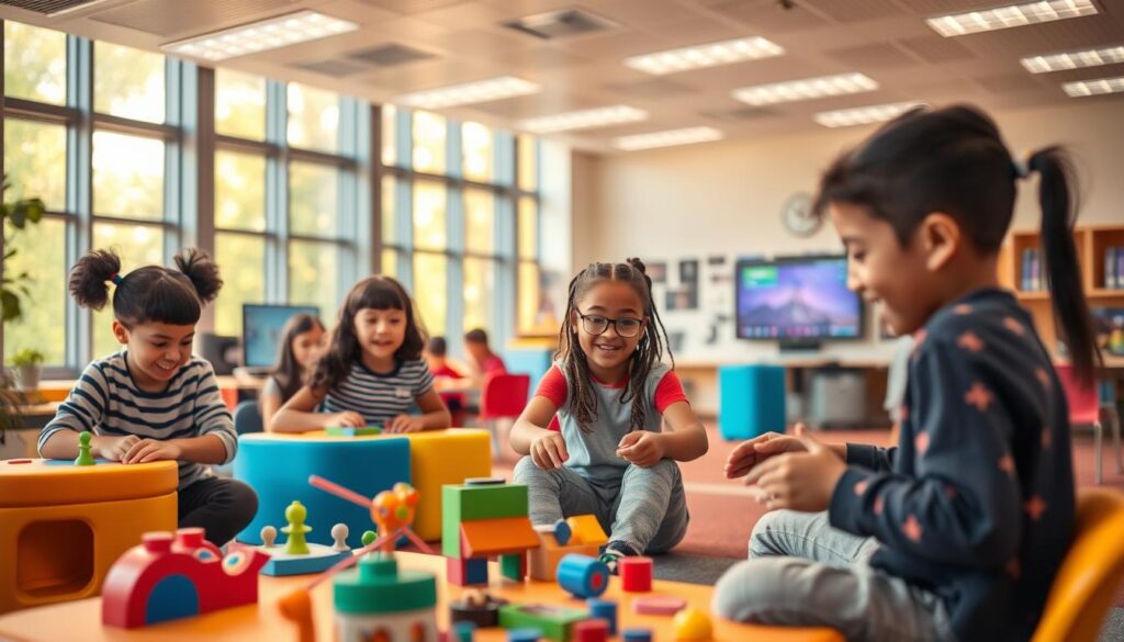 A vibrant, game-like learning environment with a whimsical, playful atmosphere. In the foreground, students of diverse backgrounds engage in interactive, hands-on activities, their faces alight with enthusiasm. The middle ground features colorful, modular furniture and educational props that invite exploration and discovery. In the background, a sleek, technologically-advanced classroom with large windows bathed in warm, natural light. Soft, diffused lighting creates a sense of warmth and creativity. The overall scene conveys a harmonious balance between traditional and innovative pedagogical approaches, where the principles of gamification seamlessly enhance the learning experience.