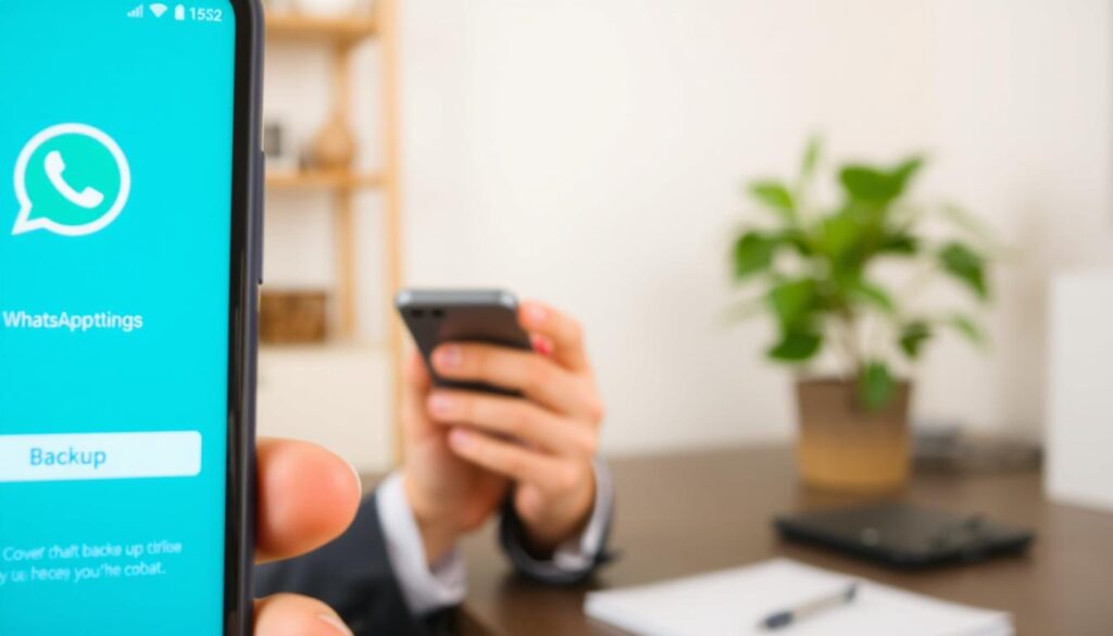 A close-up view of a smartphone displaying the WhatsApp interface, with a focus on the backup settings page. The foreground showcases the phone with a clear blue light emanating from the screen, highlighting the "Backup" button prominently. In the middle, a person's hands in professional attire gently holding the smartphone, demonstrating the action of backing up chats. The background features a soft-focus home environment, with a cozy desk setup and a potted plant, providing a warm and inviting atmosphere. The lighting is natural, softly illuminating the scene, creating a calm and focused mood, ideal for understanding the backup process in a user-friendly context.