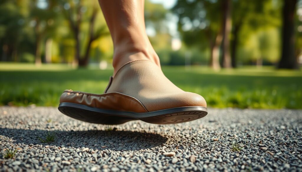 A detailed close-up image showing the concept of friction force acting on a foot. In the foreground, the foot is depicted in a professional, realistic manner, wearing a simple yet elegant shoe. The middle ground illustrates a textured surface—such as grass or gravel—under the foot, highlighting the interaction between the shoe and the ground. In the background, a soft-focused outdoor scene creates an ambient atmosphere that suggests a park or a nature setting. The lighting is soft and natural, casting gentle shadows that emphasize the foot's position and the surface texture. The overall mood is calm and educational, aiming to convey the scientific concept of friction in a relatable context.