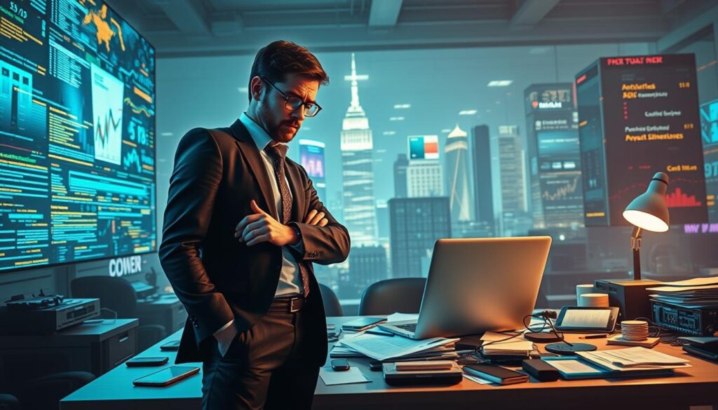 A digital workspace illustrating the challenges of digital business. In the foreground, a business professional in smart casual attire stands with a concerned expression, analyzing graphs on a laptop. In the middle, a cluttered desk displays various digital tools like smartphones, tablets, and paperwork symbolizing technical difficulties and over-information. Behind, a visually complex cityscape shows large digital screens and data streams flashing challenges like security issues and market competition. Soft, diffused lighting fills the space, creating a dynamic atmosphere that highlights tension and uncertainty. A slightly low angle captures the vastness of digital possibilities versus the personal struggle depicted in the foreground. The overall mood should evoke a blend of hope and concern in the face of digital transformation challenges.