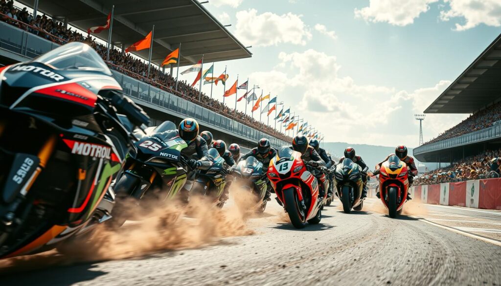 A dynamic scene capturing the exhilarating essence of MotoGP racing in 2025, with a focus on the intense competition across various circuits. In the foreground, a close-up of several sleek, high-speed motorcycles leaning into a bend amidst a blur of tire smoke and dirt, showcasing vibrant racing colors. In the middle ground, a diverse group of riders, dressed in professional motorcycle racing suits, strategically positioned on their bikes, demonstrating concentration and agility. The background features a crowd of excited fans cheering, flags waving, and grandstands filled with spectators under a bright, sunny sky, creating an electrifying atmosphere. The lighting highlights the reflective surfaces of the bikes, adding a dramatic flair. The camera angle is low and action-oriented, making the viewer feel immersed in the thrilling race.