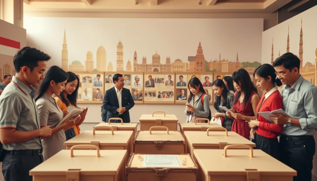 A historical scene depicting the evolution of Indonesian elections, focusing on key moments through time. In the foreground, show a diverse group of Indonesian citizens in smart casual attire engaged in voting activities, surrounded by vintage ballot boxes and official election materials. In the middle ground, depict panels or historical displays illustrating past elections, featuring representatives from various ethnic backgrounds highlighting the democratic process. The background should feature iconic Indonesian landmarks, subtly suggesting the nation's rich cultural tapestry. Use warm, inviting natural lighting to create an atmosphere of hope and civic participation, with a slightly blurred depth of field to emphasize the foreground action. The overall mood should be inspirational, celebrating democracy and unity in Indonesia's electoral journey.