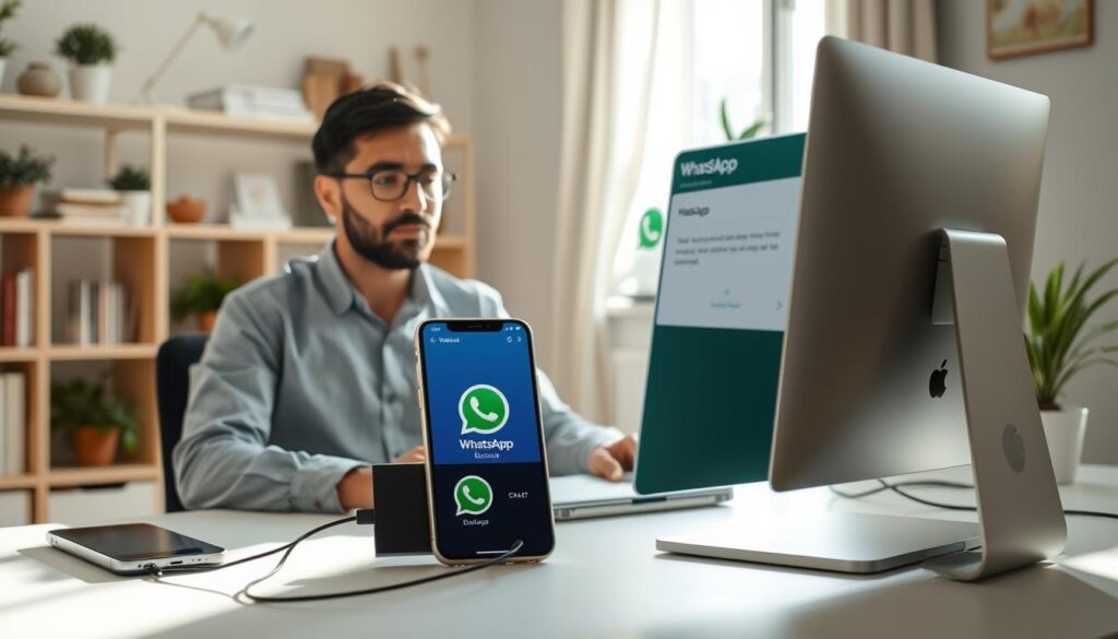 A modern home office setup showcasing a computer screen with the WhatsApp backup interface open. In the foreground, a professional individual wearing casual yet tidy clothing is seated at a desk, focused on transferring chats from their smartphone to the computer. The middle layer features a smartphone with the WhatsApp logo, alongside a USB cable connecting it to the laptop. The background presents a softly lit room with shelves of books and plants, creating an inviting and productive atmosphere. Natural light streams in from a nearby window, casting gentle shadows. The scene conveys a mood of efficiency and organization, highlighting a tech-savvy approach to safeguarding communication.