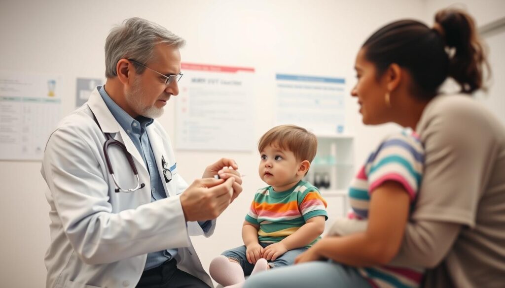 A pediatrician in a bright, sterile clinic, directly engaging with a young child and their attentive parent. The pediatrician, dressed in a white coat and professional attire, is gently explaining the MMRV vaccine while holding a syringe in a reassuring manner. The child, a toddler around two years old, appears curious and calm, wearing a colorful t-shirt and sitting on an examination table. In the background, medical charts and a vaccination schedule are visible on the wall, emphasizing a focused healthcare environment. Soft, natural lighting creates a warm and welcoming atmosphere, with a slight depth of field effect to draw attention to the interaction in the foreground.