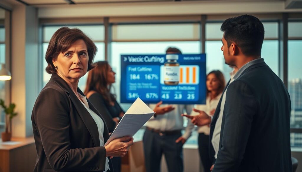 A serious and informative scene depicting a diverse group of individuals in a modern office environment, engaging in a discussion about COVID-19 vaccination recommendations. In the foreground, a middle-aged woman in professional attire holds a document, looking towards the camera with a concerned expression. In the middle, a young man in business casual talks to a colleague, gesturing towards a digital screen displaying vaccination statistics and data. The background features a large window providing natural light, with a city skyline visible outside, adding depth to the scene. The overall atmosphere is one of contemplation and urgency, reflecting the critical nature of personal decision-making regarding vaccination. Soft, warm lighting enhances the mood, emphasizing the importance of informed choices in healthcare.