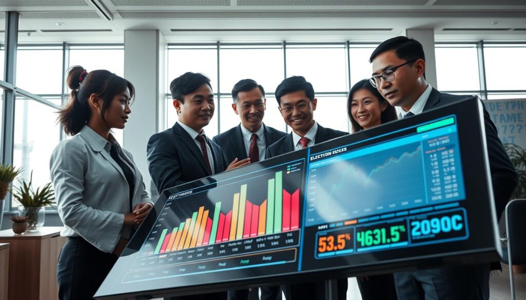 A sleek and modern representation of a &amp;quot;sistem sirekap transparansi&amp;quot; in the context of Indonesian elections. In the foreground, depict a digital interface showcasing real-time election results, featuring vibrant graphs and transparent data visualizations. The middle ground should include diverse professionals, including men and women dressed in business attire, discussing the displayed data with expressions of focus and determination. The background features a contemporary office setting with large windows, allowing natural light to flood the room, enhancing the clarity of the digital displays. The mood is one of urgency and collaboration, as the atmosphere reflects the importance of transparency and integrity in the electoral process. Use a wide-angle lens for a dynamic perspective that captures both the technology and the teamwork involved.