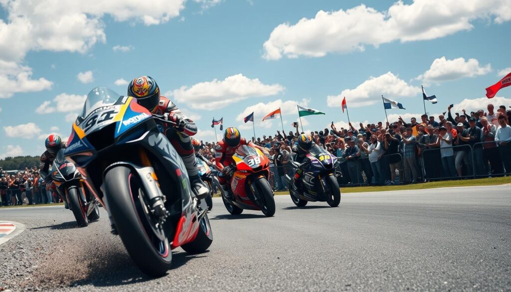 A thrilling moment at the MotoGP 2025 race, capturing the unexpected excitement and surprises of a pivotal race. In the foreground, a bold motorcycle inches ahead of competitors, wheels kicking up gravel as it leans into a sharp turn. The middle ground showcases a diverse group of riders in professional racing suits, focused and determined, showcasing the intensity of competition. In the background, a vibrant crowd is on their feet, some holding flags and cheering passionately, under a clear blue sky with scattered clouds. The lighting is dynamic, emphasizing the action with bright, vivid colors to convey a sense of urgency and exhilaration. The angle is slightly above eye level, providing a panoramic view of the iconic circuit, inviting the viewer into the heart of the race.