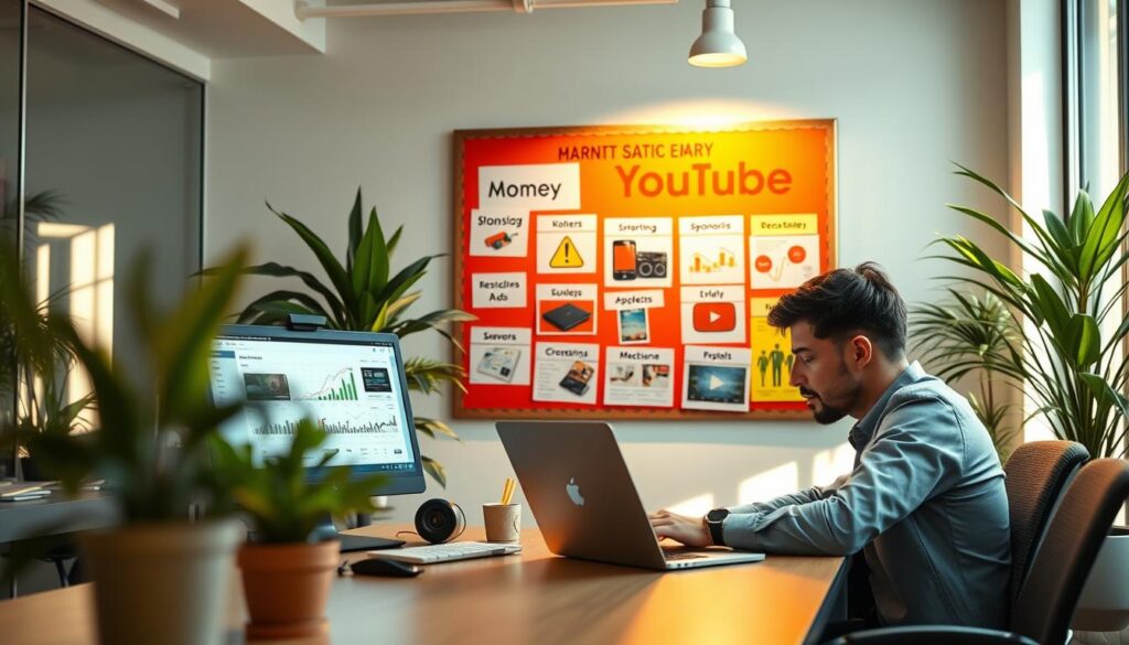 A vibrant and engaging digital workspace showcasing various methods to earn money from YouTube. In the foreground, a professional-looking individual, dressed in casual business attire, is seen intently working on a laptop, analyzing video statistics on the screen. In the middle ground, a colorful bulletin board with visual aids illustrating monetization strategies like ads, sponsorships, and merchandise is prominently displayed. The background features a modern office environment with plants and soft lighting that creates an inviting atmosphere. The scene is well-lit with natural light streaming in from a window, adding warmth and positivity. Capture a sense of focus and creativity in this setting, encouraging aspiring YouTubers to explore the possibilities of making money through their content.