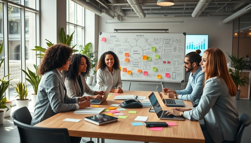 A vibrant office workspace showcasing innovative digital business ideas. In the foreground, a diverse group of three professionals, dressed in smart casual attire, brainstorm around a modern table adorned with laptops, digital tablets, and colorful sticky notes. In the middle, a large whiteboard filled with mind maps and business strategies, illustrating concepts like e-commerce, app development, and online services. In the background, a bright and airy office space with large windows letting in natural light, plants, and digital screens displaying graphs and analytics. The atmosphere is collaborative and dynamic, suggesting creativity and forward-thinking. The lighting is warm and inviting, emphasizing a productive work environment with a soft focus to enhance the collaborative mood.