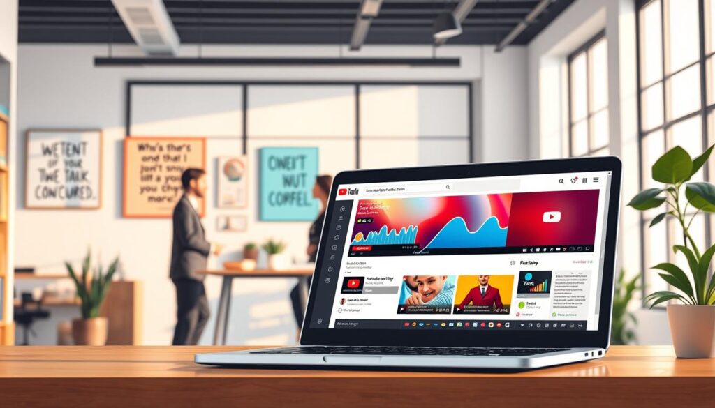 A visually striking illustration depicting the essential requirements of the YouTube Partner Program. In the foreground, a professional-looking laptop screen displays a vibrant YouTube dashboard, showcasing analytics and subscriber counts. To the left, a diverse group of individuals in professional attire—two men and a woman—engaged in a discussion about content strategies and monetization. In the middle ground, a well-organized workspace features motivational posters about creativity and collaboration. The background includes a bright, modern office space with large windows allowing soft, natural light to illuminate the scene. The mood is collaborative and inspiring, emphasizing the potential for success on YouTube. The camera angle is slightly above eye level, offering a comprehensive view of the setting.