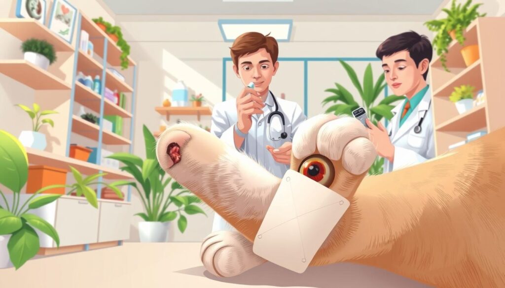 An illustrated guide showcasing the treatment of "perawatan mata ikan" on a cat's paw. In the foreground, a close-up of a cat’s paw with a visible fish eye infection, neatly bandaged, demonstrating proper care procedures. The middle ground features a veterinarian in a white coat, gently holding the paw, using tools like a small thermometer and antiseptic, emphasizing a professional atmosphere. The background includes a bright, well-lit clinic environment with shelves stocked with veterinary supplies and green plants for a calming effect. Soft, natural lighting creates a warm, inviting mood, conveying the importance of pet care and compassion. The angle is slightly overhead to capture both the cat's paw and the veterinarian's focused expression.