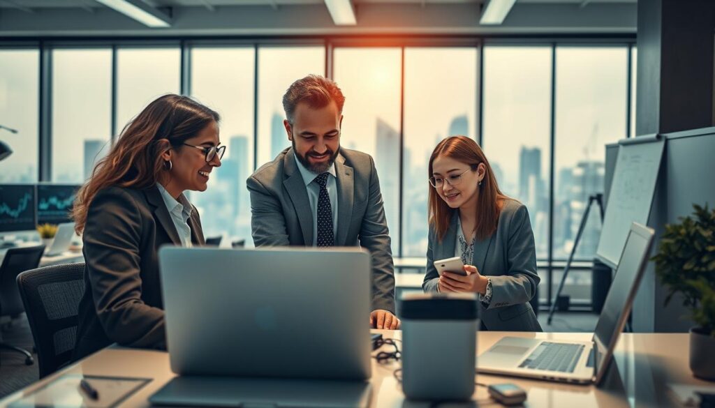 A modern digital workplace filled with diverse professionals engaged in various activities, highlighting the challenges and risks of remote work. In the foreground, a diverse group of three individuals (one man and two women) in professional business attire, engaged in a focused discussion around a laptop, reflecting collaboration. The middle ground features a sleek office space with teched-out desks, digital interfaces showing analytics, and a whiteboard filled with diagrams. The background presents a large window with a skyline view, showcasing a bustling city, symbolizing connectivity. The lighting is bright and warm, creating an inspiring atmosphere. The camera angle is slightly elevated, providing a clear view of the entire scene, emphasizing teamwork and the complexities of a digital workplace.