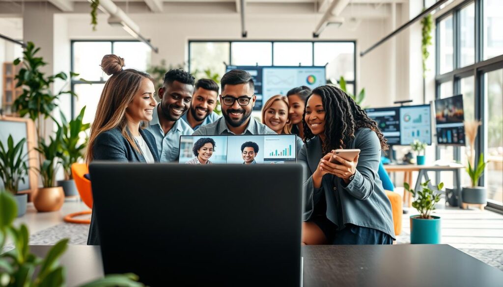 A modern digital workplace scene illustrating the concept of remote collaboration. In the foreground, a diverse group of professionals, dressed in smart casual attire, is engaged in a video conference on a sleek, high-tech laptop. They appear focused and collaborative, representing various ethnicities and genders. In the middle ground, colorful office décor complements a cozy yet modern workspace filled with plants and technology, including tablets and large monitors displaying graphs and digital communications. In the background, large windows allow natural light to flood the space, enhancing the atmosphere of energy and innovation. The overall mood is dynamic and inspiring, showcasing the future of work in a connected and flexible environment, with a clean aesthetic.
